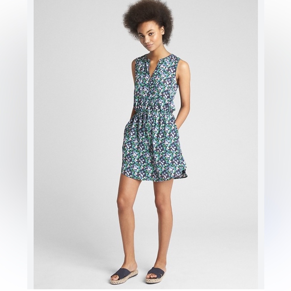 GAP Perfect Tie-Waist Dress Floral Pink Navy Blue S